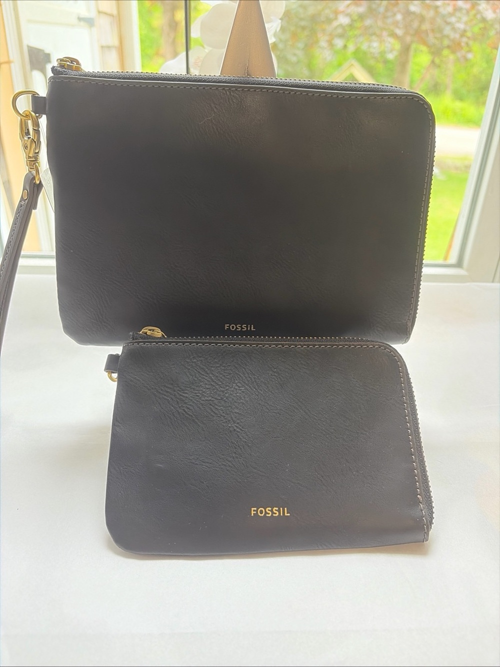 Fossil Black Leather Wristlet & Card Pouch Set new